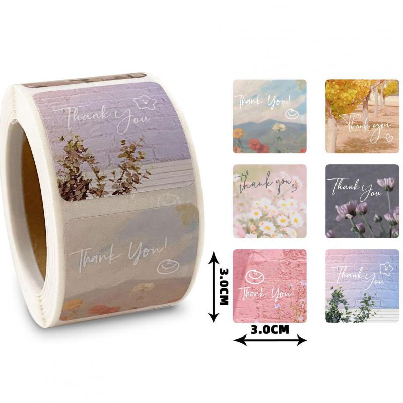 300pcs Floral Thank You Label Sticker Square Decorative Sealing Stickers for Baby Shower, Wedding Gift Wraps Tags Mailers Bag